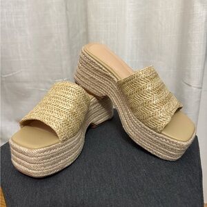 Raffia Platform Slides Sandals Tan Cream US Women’s Size 7
